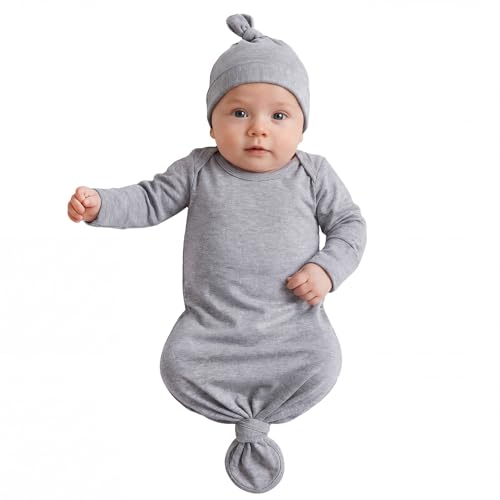 Image of Mikccer Newborn Knotted Baby Gown 0-6 Months, Super Soft Breathable Nightgowns for Babies Girl and Boy, Baby Girls Coming Home Hospital Outfit with Hat Set Grey