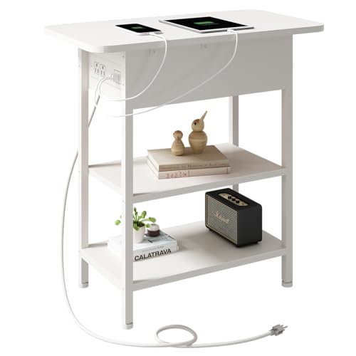 Image of LIDYUK End Table with Charging Station, Flip Top Side Table with USB Ports and Outlets, Nightstand for Small Spaces, Bedside Tables with Storage Shelf for Living Room, Bedroom, White