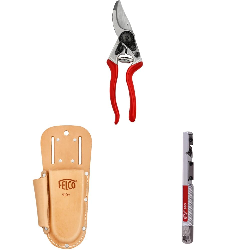 FELCO 8 Gartenschere mit Lederholster 910+ und Schärfwerkzeug 905 – Kraftvolles Set für Rechtshänder, komfortabel bei intensiver Nutzung