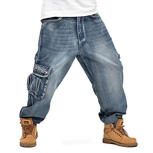 Ruiatoo Men's Loose Hip Hop Baggy Jeans Plus Size Denim Work Pants with Cargo Pockets Size 34