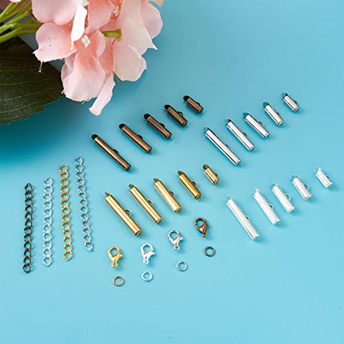 Beadthoven 640pcs 5 Sizes Brass Slide On End Clasps with Iron Chain Extenders & Jump Rings & Alloy Lobster Claw Clasps 4 Colors Tube Crimp Cord Ends Finding for Jewelry Making 10mm/13mm/16mm/20mm/25mm