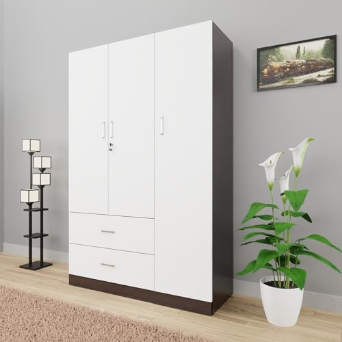Image of VIKI Wardrobe | Wooden Almirah for Clothes,Door for Bedroom, 3 Door Wardrobe with Drawer & Hanging Space (Dark Wenge, Frosty White - 40D x 120W x 180H) | 1 Year Warranty | Free Assembly