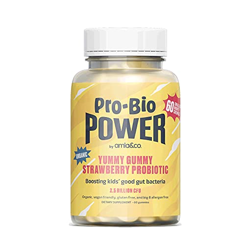 Pro-Bio Power Daily Chewable Probiotic Kids | Gummy Strawberry 60-Count Digestive Health Supplement | Organic, Vegan, Gluten-Free, Big 8 Allergen Free | by Amla & Co, 60 Count (Pack of 1)