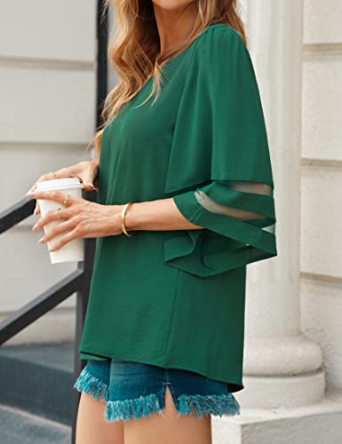Luvamia blusa feminina casual gola V manga 3/4 sino painel de malha camisas solta, Verde, Medium