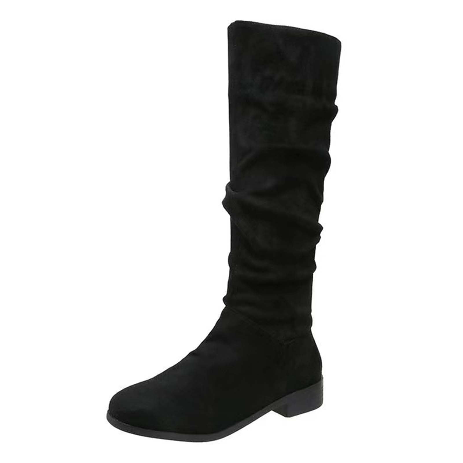 Womens Faux Suede Chunky Heel Knee High Boots Comfortable Low Heel Wide Calf Boots Pull on Fall Weather