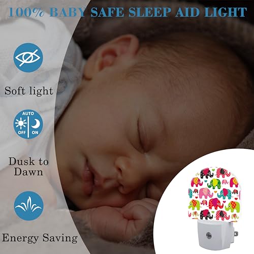 Image of Night Light for Kids Girls Boys, Retro Colorful Cute Elephant LED Night Light Plug into Wall with Dusk to Dawn Sensor for Room Decor, Hallway, Kitchen, Bathroom, Nursery, Stairs