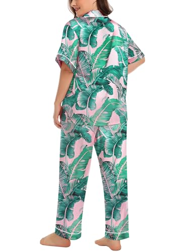 Image of SWOMOG Women's Plus Size Pajamas Silk Satin Pajama Set Short Sleeve Shirt with Full-Length Pants Pjs Sleepwear Set 18W-26W