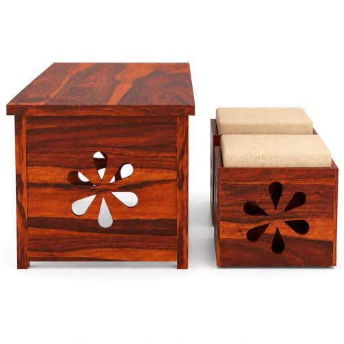 Image of Solid Sheesham Wooden Coffee Table with 2 Cushioned Stool|Teapoy Center Piece for Home Sofa Center Table for Living /Drawing Room,Hall|Space Saving Tea Table Set(Honey Finish) Floral Jali