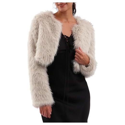 Amazhiyu Manteau d'hiver à manches longues en fausse fourrure pour femme, col rond, ouvert sur le devant, cardigan chaud en peluche, abricot, L