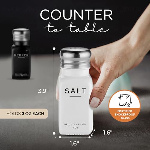 Image of Farmhouse Salt and Pepper Shakers Set by Brighter Barns - Modern Kitchen Decor, Dining Table Countertop Accessory - Rustic, Vintage Glass Shakers with Stainless Steel Lids for Home, Restaurant