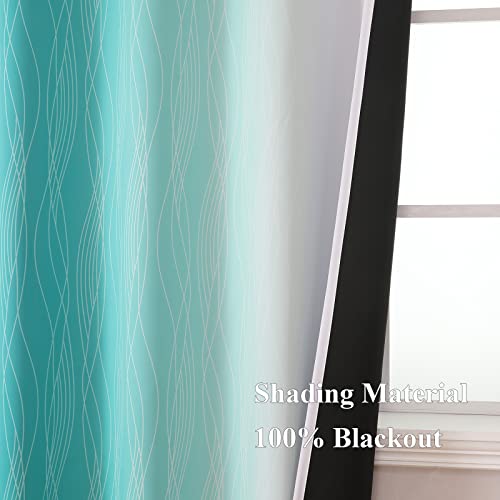 Estelar Textiler Teal and Greyish White Blackout Curtains 54 Inch Length, Light Blocking Gradient Grommet Drapes for Living Room, Thermal Insulated Ombre Curtains for Bathroom,52Wx54L,2 Panels