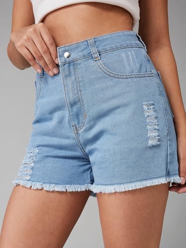 Image of Dolce Crudo Women's Relaxed Fit Mid-Rise Denim Shorts with Adjustable Waist & Frayed Hem