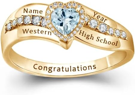 Personalized Graduation Rings for Women 925 Silver/10K/14K/18K Gold Customizable Heart Birthstone Engraved College Academy Class Ring for 2025 Graduates