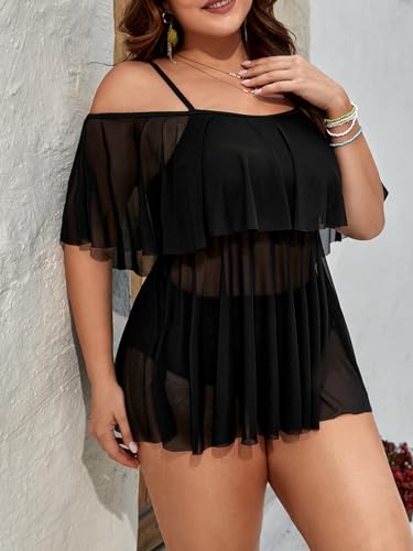 Floerns Women's Plus Size 2 Piece Cold Shoulder Layered Top High Waist Bottoms Tankini Swimsuit4