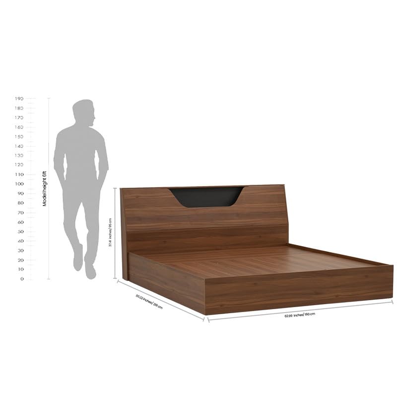 Image of Royaloak Zen Queen Bed with Storage, Engineered Wood with Melamine Finish, Slanting Headboard, Modern Durable Bed Frame