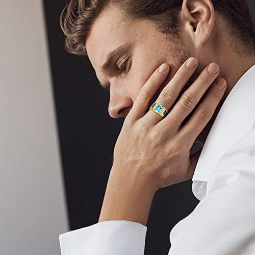 Square Sapphire with Opal Gemstone Wedding Ring for Men Sterling Silver Yellow Gold Plated Men's Ring Vintage Retro Jewelry4