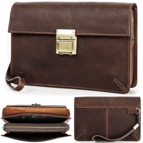 Image of Top Grain Genuine Leather Clutch Wallet with Wristlet for Man & Woman, Handmade Vintage Design, Combination Lock & Multi Pockets /Slots, RFID Large Capacity for Card /Check /Banknote /Passport, Red Brown