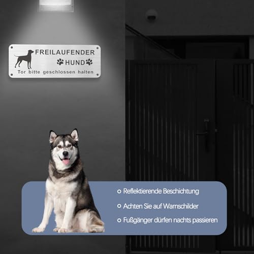 Upifen Vorsicht Freilaufender Hund, 2Stk. Achtung Hund Schild, Warnschild Hund Aluminium mit Selbstklebend und Vorgebohrten Löchern, 25x 9cm, Innen/Außen