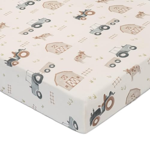 Crane Baby Charlie Farmhouse Tractor Crib Fitted Sheet, 100% Cotton Baby Bed Sheets, Farm Nursery Decor, Crib Sheets for Boys, Baby Registry Gift,...