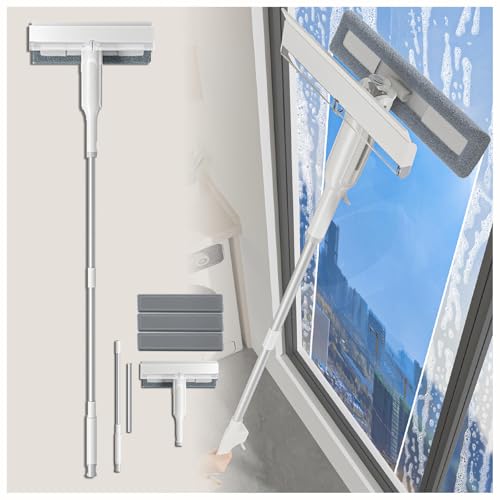 4 en 1 Spray Limpia Cristales con Colector De Aguas Residuales Y 3 Paños Microfibra, Limpiacristales Coche con Varilla De Extensión para Ventanas Altas Interiores/Exteriores