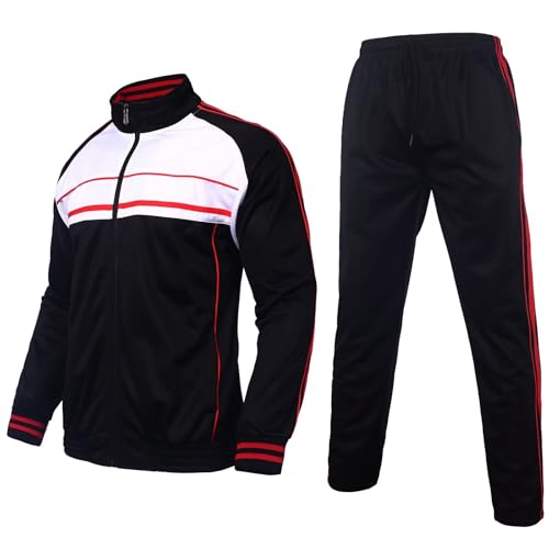 Megub Masculino Conjunto De Agasalho 2 Peças Com Listras Laterais Clássicas, Roupa Corrida, Esportes Ao Ar Livre, Treinamento, Esportiva (Preto/Vermelho, Gg)