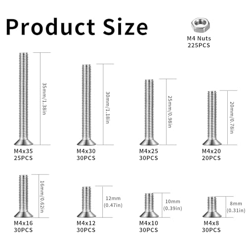 450 Stück M4 Schrauben Set, Senkkopfschrauben Muttern Set, Edelstahl Flachkopfschrauben mit Muttern, Kreuzschlitzschrauben Maschinenschrauben Sortiment, Gewindeschrauben und Muttern Set(M4)