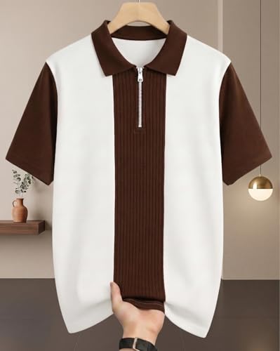 Image of AUSK Women's Zip Neck Polo T-Shirt | Half Sleeve Color Block Smart Casual Top | Ideal for Work, Travel Top for Womens