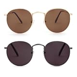 OPULIZE Gafas de sol Sol paquete de 2 marcos delgados redondos retro de metal lentes de colores antioxidantes Protección UV400 Gris Metal Negro Oro Marrón Hombre Mujer SS94-79