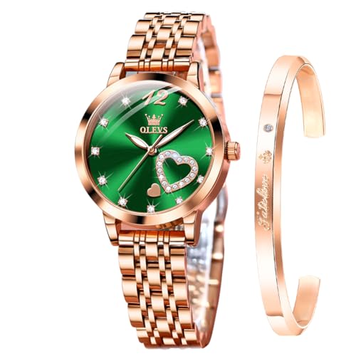 OLEVS Damenuhr Geschenke Set mit Diamant Herzform Armband Roségold für Damen Weiblich Grün Gesicht Wasserdicht Analoge Quarz-Armbanduhren