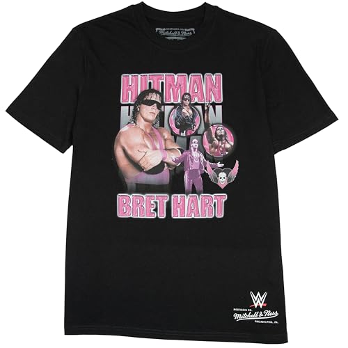 Mitchell & Ness Wrestlemania (WWE) Legends Player Camiseta manga corta - Bret Hitman Hart, Talla S, Negro, Algodón, Hombre, Mujer, Niños, Primavera, Verano, Otoño, Invierno, Lucha Libre