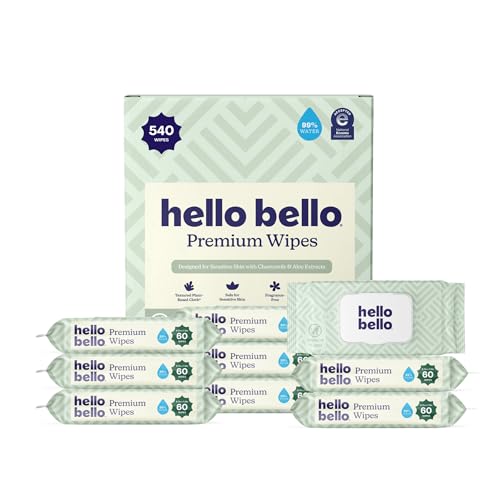 Image of Hello Bello Premium Wipes, Designed for Sensitive Skin with Chamomile & Aloe Extracts, Simply Sage (9 Resealable Packets = 540 Total Wipes)