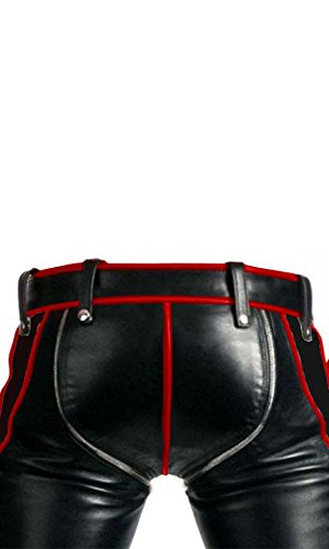 Sexy Real Black RED Leather Heavy Duty Bondage Pants Jeans BLUF Gay4