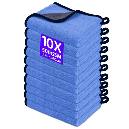 Gucass 10 PCS Chiffon Microfibre Voiture, 30x60cm Chiffons de Polissage en Microfibre, 500GSM Super Absorbant Chiffon de Nettoyage en Microfibres, pour Voitures et Motos, Nettoyage Domestique, Bleu