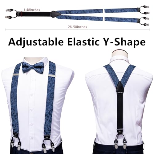 Image of YOHOWA Men Suspenders 6 Clips Strength Adjustable Y Braces Pre-Tied Bow Tie Set Formal Wedding Party