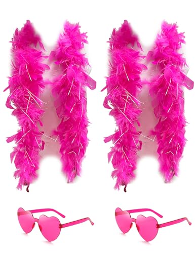GRTLPOK - db11 2 Pcs Feather Boas with Heart Rimless Sunglasses，4 ft Feather Boa Halloween Christmas Bachelor Party Pack Accessory (Hot Pink)