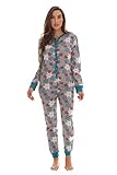 #followme 6362-10167-GRY-L Women's Printed Thermal Henley Onesie