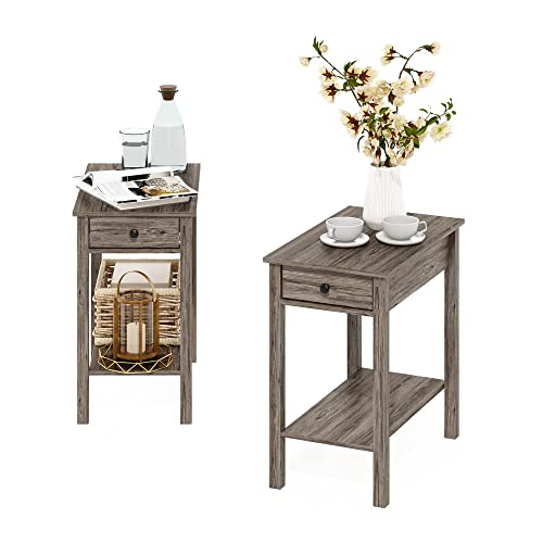 Image of Furinno Classic Rectangular Side Table with Drawer, Set of 2, Rustic Oak