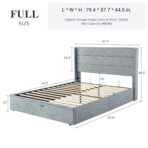 Allewie Full Size Lift Up Storage Bed, Modern Wingback Headboard, Hydraulic Support, No Box Spring Needed, Grey Blue