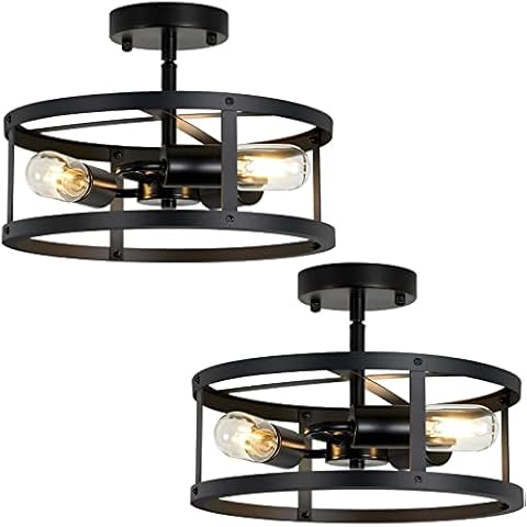 XPEHK 3-Light Semi Flush Mount Ceiling Light,Farmhouse Flush Mount Light Fixture,Industrial Ceiling Light Black Metal Cage Ceiling Lighting for Kitchen Foyer Hallway Entryway 2 Pack Cover