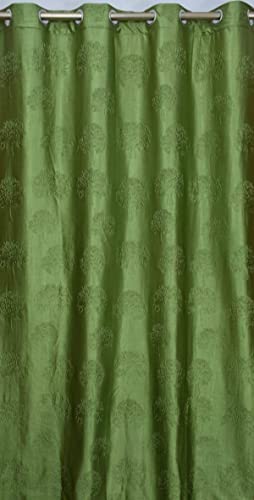 Image of Polyester Premium Tree Design Punching Screen for Home Office | Door Curtain 7 Feet Long Set of 2 | Modern Parde for Living Room Bedroom | Eyelet Rings | Green Curtains