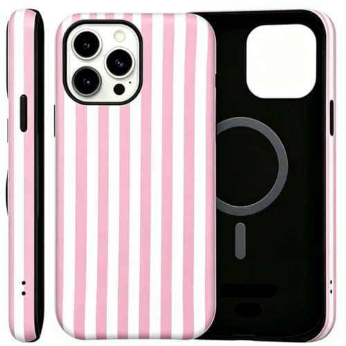 Image of for iPhone 15 Case Cute Phone Case,Compatible with MagSafe,Dual Layer Shockproof Protective Phone Cover,Hard Shell + Silicone Cover,Fashion Design for Women Girls,Striped Pink