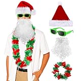 Bonuci 4 Pcs Christmas in July Santa Costume Accessories for Adults, Christmas Hat Beard Hawaiian Leis Necklace Sunglasses(Red,Classic Hat)