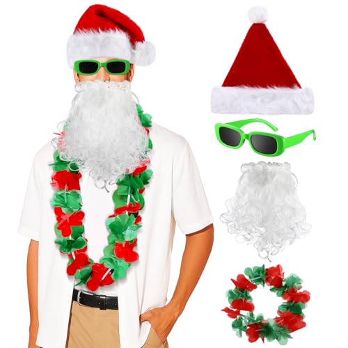 Bonuci 4 Pcs Christmas in July Santa Costume Accessories for Adults, Christmas Hat Beard Hawaiian Leis Necklace Sunglasses(Red,Classic Hat)