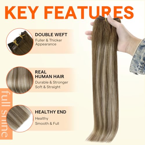 Image of Full Shine 18 Inch Weft Hair Extensions, Sew In Real Human Hair Balayage | Color Light Brown To Platinum Blonde Mix Brown, 105G Remy Straight Hair Weft, Sew In Extensions, Add Length, Date Night