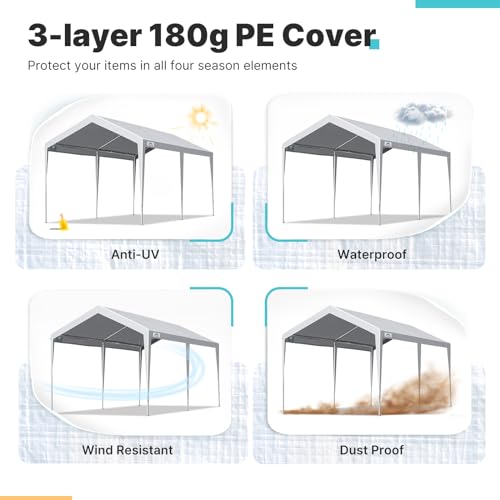 Image of ADVANCE OUTDOOR 10x20 ft Heavy Duty Carport Potable Car Canopy Garage Party Tent Boat Shelter, Adjustable Height, with Leg Cloth, Gray