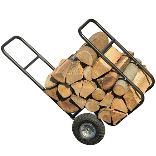 Chariot de transport de bois de chauffage avec roues tout-terrain, transporteur en rondins de capacité de 250 lb, chariot en acier lourd pour transporter la cheminée, le bois de feu facilement