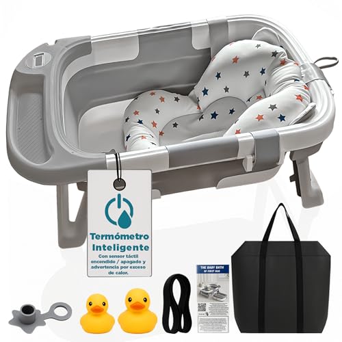 FIRST HUG Bañera Bebé Plegable con Termómetro Digital y Sensor Táctil, Cojín Reductor y Bolsa de Transporte incluidos, Bañera Plegable Bebé, Bañeras para Bebés, Bañera Plegable Niño, Bañera para Bebé
