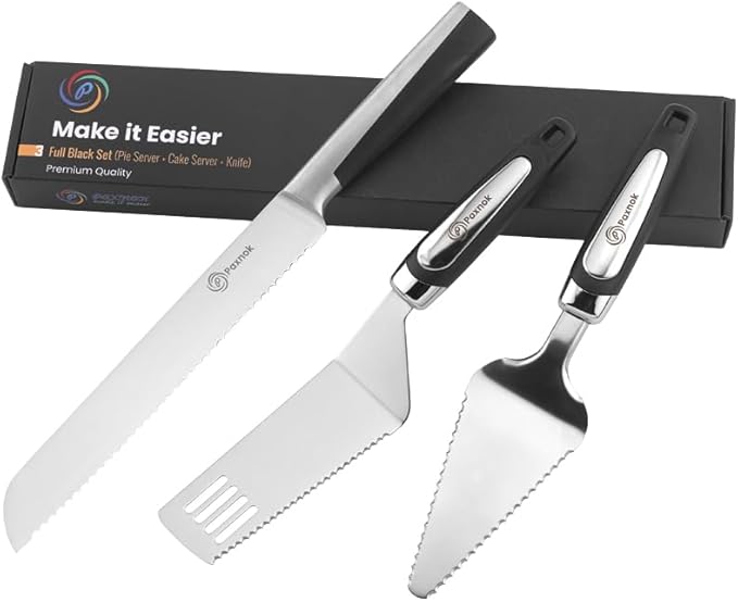 Pie Server Spatula and Cake Cutter Slicer, Stainless Steel Set - Kitchen Essentials for Cutting & Serving Desserts, Brownies, Lasagna (Black, 13 inches)