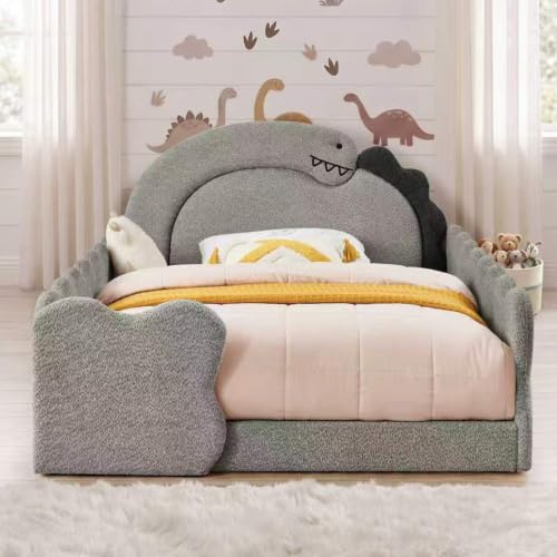 Image of Full Bed Frame for Kids, Floor Platform Bed Dinosaur, Grey
