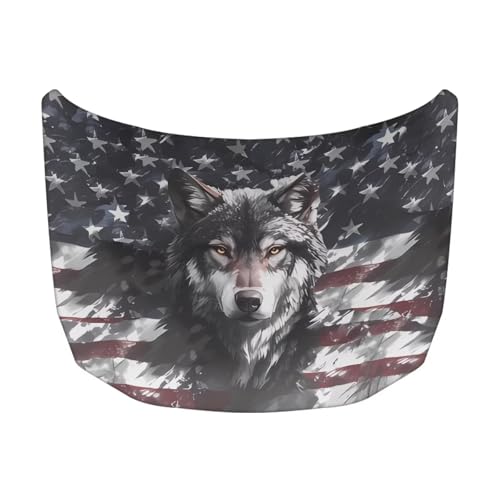 Image of Wolf American Flag Print Car Hood Cover Protector Stretchable Car Hood Wraps Auto Banner Auto Decorative Accessories for Compact Sedans SUV Trucks (59x39 Inch)